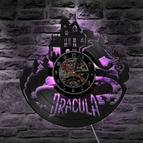 Draculas Castle Wall Clock Vinyl Record Wall Clock Halloween Dark Horror Home Decoration Gothic Vampire Bats Vintage Watch Gift