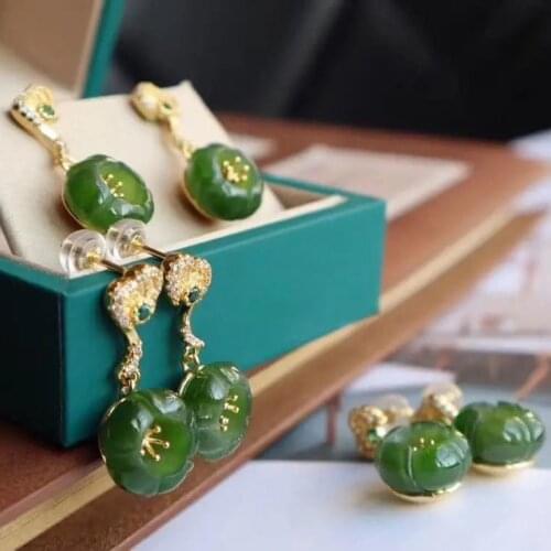 Natural Hetian jasper earrings Chinese style retro unique ancient gold craftsmanship light luxury noble women silver jewelry