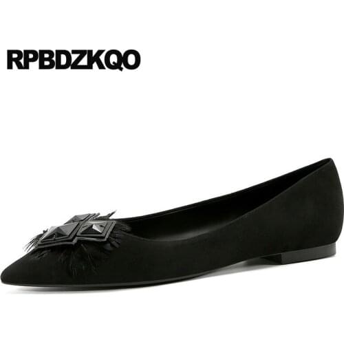 Pointed Toe Party Women Dress Shoes Suede Fashion Flats Embellished Square Slip On Genuine Leather Designer Ladies Fur Metal