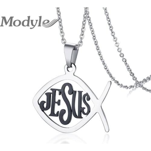 Modyle Christian Fish Necklace Religious Prayer Jewelry Stainless Steel Jesus Christ Ichthus Pendant Necklace for Man
