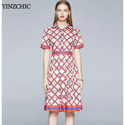 Runway Woman Summer Dress Turn-down Collar Female Slim A-line Skirt Dress Chain Printed Ladies Elegant Party Skirt Dresses