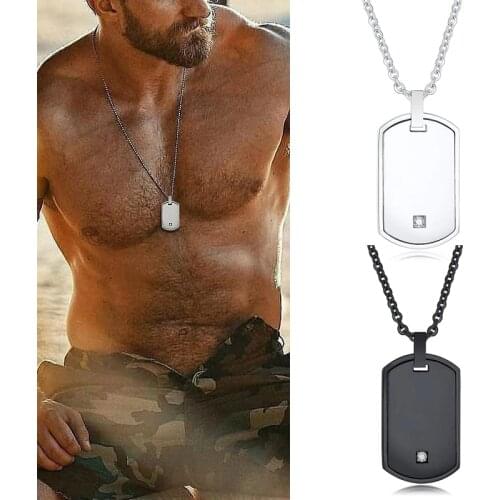 Stainless Steel Mens Dog Tag Necklace with Cubic Zirconia Stone Pendent Men Jewelry