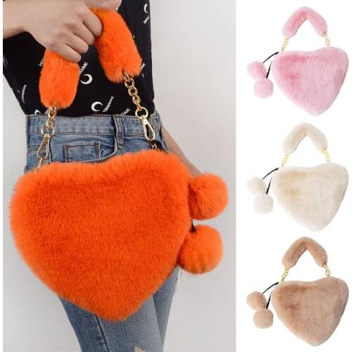 Hot Cute Handbag Plush Women Heart Shaped Chain Bag With Small Ball Pendant Cute Ladies Handbag -OPK