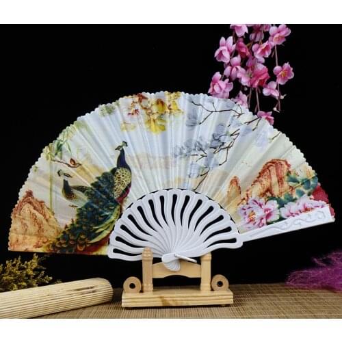 Exquisite High Quality Chinese Style 7-inch Folding Fan Ancient Style Plastic Fan Silk Cloth Peacock Pattern Qipao Show Fan
