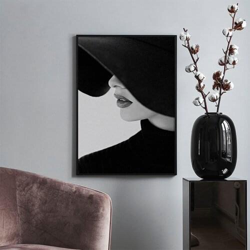 Retro Modern Black White Fashion Sexy Lips Women Hat Canvas Poster Prints Painting Wall Art Pictures For Living Room Home Decor
