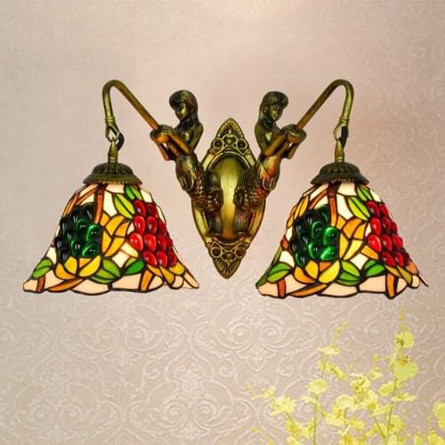Mermaid Corridor Double-Headed Wall Lamp American Pastoral Grape Tiffany Colored Glass Living Room Dining Room Glass Lamp