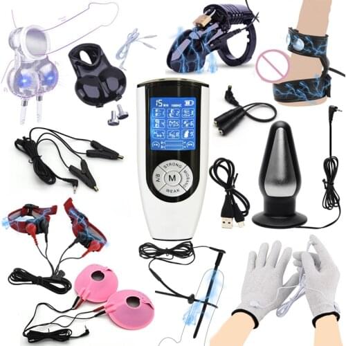 Strongest BDSM Electric Shock Anal Plug Cock Cage Scrotum Sleeve Electro Stimulator Gloves Penis Plug Ring Nipple Clamps Sex Toy