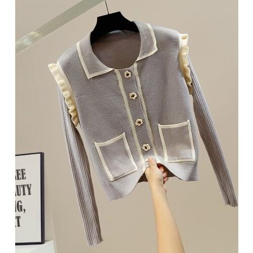 Fall Fashion Contrast Color Sweater Stitching Double Pocket Flower Buttons Retro Knitted Cardigan for Women Short Sweaters Coat