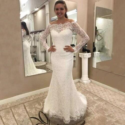 Boat Neck Lace Wedding Dresses Floor Length Illusion Back Sheath Long Sleeves Sweep Train Bridal Dress Vestido De Noiva
