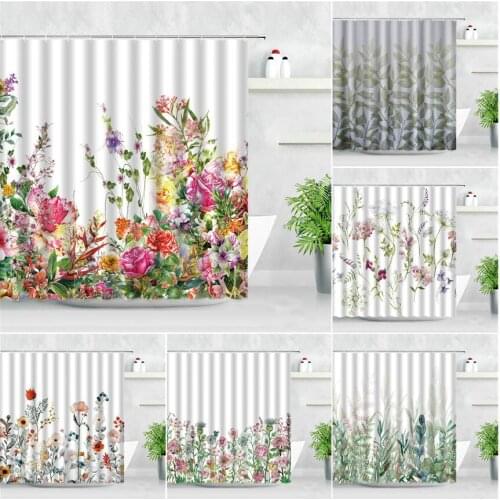 Retro Water Color Floral Shower Curtains Rose Natural Flowers Green Leaf Plant Nordic Modern Waterproof Bathroom Decor Curtain