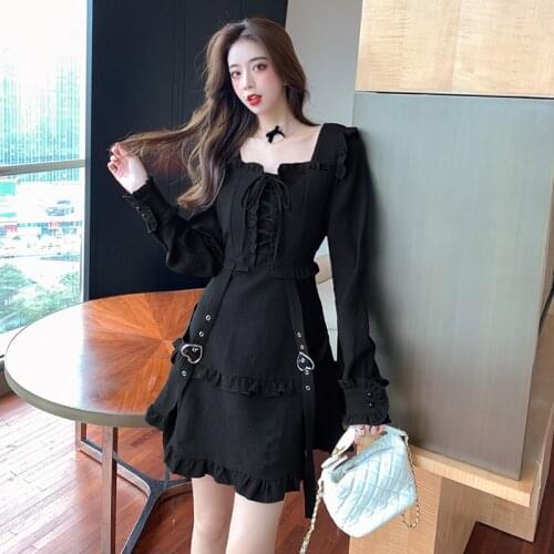 WAKUTA Womens Dark Ruffled Dress Gothic Harajuku Elegant Square Collar Bandage Black Dress Long Sleeve Dresses Vintage Clothes