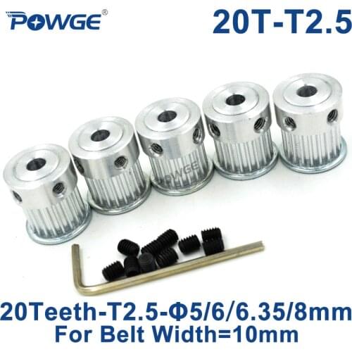 POWGE 1pcs 20 Teeth T2.5 Synchronous pulley bore 5mm 6mm 6.35mm 8mm For width 10mm T2.5 timing Belt 20Tooth 20Teeth 20T pulley