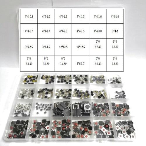 480 pcs/box 24Types Mini Leaf Switch SMD DIP 3*4 3*6 4*4 6*6 12*12 Micro Switch Assorted Push Button Tact Switches Reset Kit