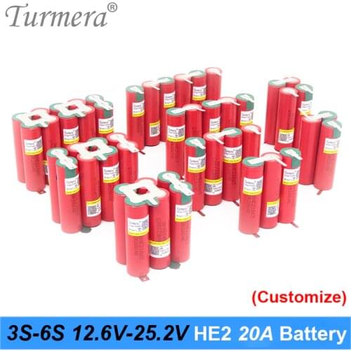 Turmera 3S 4S 5S 6S Battery 18650 HE2 2500mAh 5000mAh 20A 12.6V to 25.2V Soldering Battery for Screwdriver Shurik battery pack