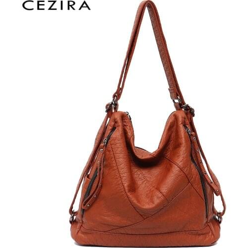 CEZIRA Luxury Brand Washed PU Leather Women Shoulder Bags Casual Punk Style School Backpack Fashion Female Large Travel Knapsack