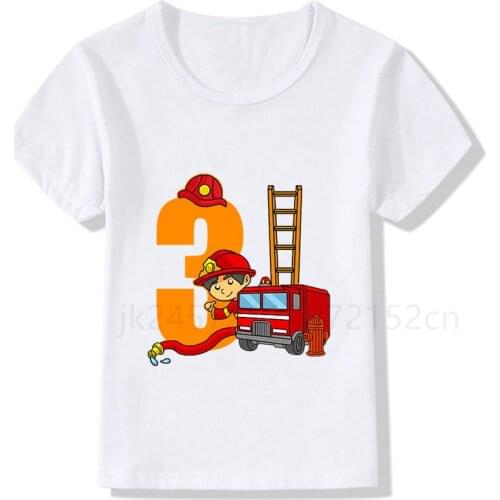 Boys/Girls Cool Name Fire Truck Birthday Numbers T-Shirt Children Boys Happy Birthday T Shirt White T-Shirt Baby Cartoon T Shirt