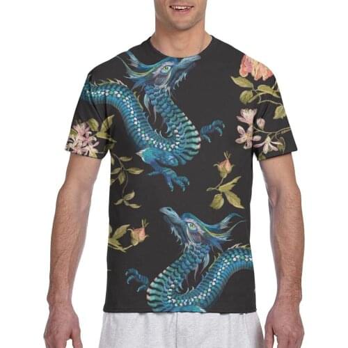 Embroidery Floral Dragons And Gold Roses T shirt 2020 Summer Round Neck Tshirts Tee Shirts Men Streetwear T-shirts Short Sleeve