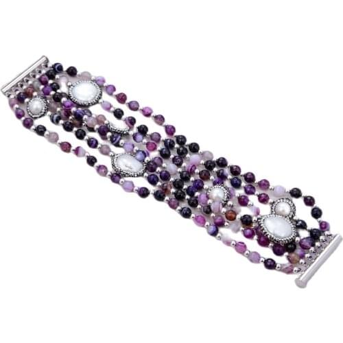 GG Jewelry 8'' 7Rows Pearl Purple Agates Natural White Pearl Black CZ Paved Bracelet For Women