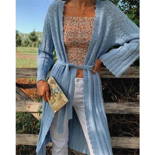 Jastie Bohemian Gardenia Cardigan Women Long Fluted Sleeves Spring Autumn Sweater Cardigan Jacket Hippie Chic Belt Casual Top