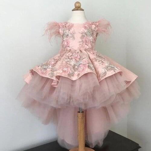 Beautiful High Low Pink Flower Girls Dresses Feather Lace Appliques Communion Dresses Girls Pageant Gown Kids Gowns for Birthday