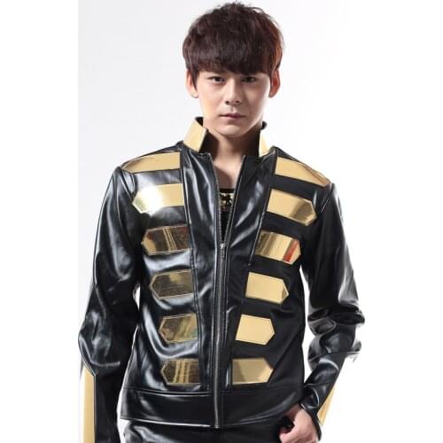 Nightclub Dj Singer Male Fashion Punk Gold Black halley motorcycle leather Jacket Mens clothing male stage show wear costume