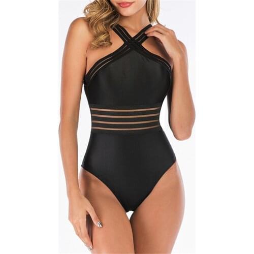 New Mesh Bikini 2010 High Neck Bandage Cross Monokini Black Swimwear Women Sexy Backless One Piece Swimsuit Push Up Bathing Suit