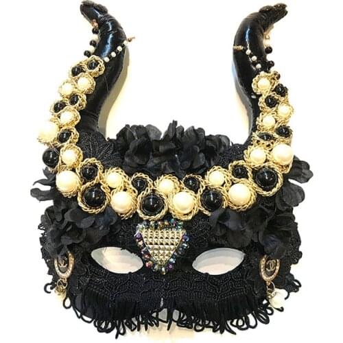 Novelty Halloween Cosplay Headdress Gothic Devil Horn Headband Crystal Pearls Lace Mask with Hairband Party Masquerade Hair Acce