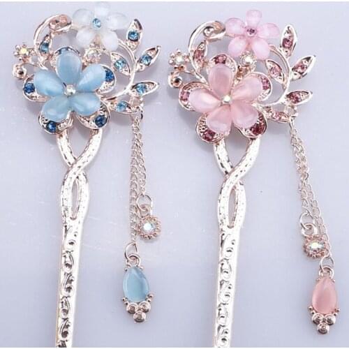 Wholesale Cat Eye Stone Hair Pin Double Flower Hair Clip Classical Hairpin Barrette Hair Accessories National Wind Headweard