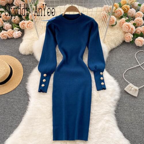 Autumn Winter Dresses For Women 2021 Puff Long Sleeve Knitted Sweater Bodycon Dress O-Neck Casual Ladies Dress Women Clothes