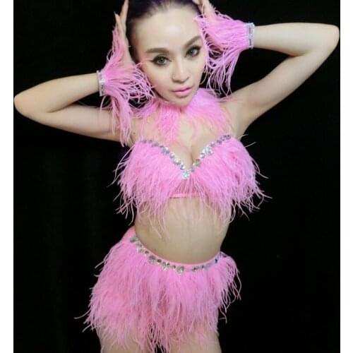 Female Singer Dj Ds Costume New Pink Bikini Suit Feather Rhinestone Clothes Sexy Nightclub Jazz Dance Stage Costume DWY2151