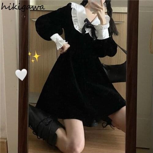 Hikigawa Vestido Clothing for Women Vestidos De Mujer Black Solid Gothic Puff Sleeve A Line Womens Dress Japan Kawaii Dresses