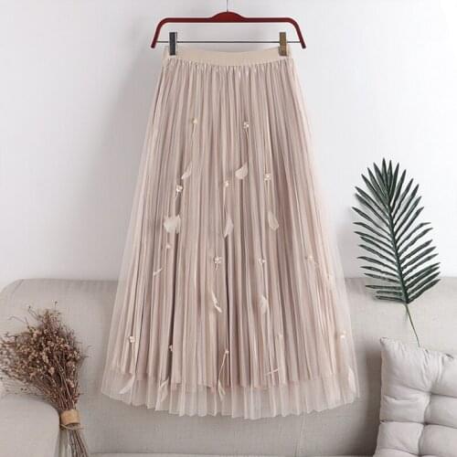 Pleated net yarn feather beaded gold velvet lined skirt female 2020 Autumn Winter new high waist elastic waist All-match Skirt