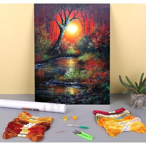 Natural Scenery Magic Night Printed Water-Soluble Canvas 11CT Cross-Stitch DIY Embroidery Full Kit DMC Threads Stamped