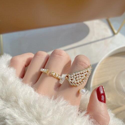 Luxury New Design Micro Inlay Super Flashing Zircon Pearl Wings Open Ring Wedding Bridal Jewelry Dating For Girlfriend Gifts