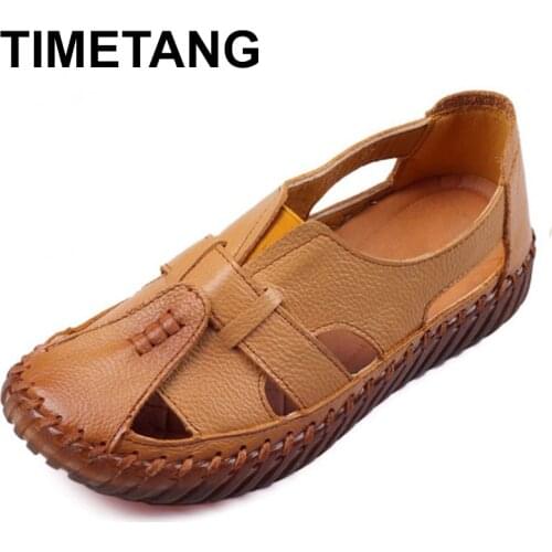 TIMETANG Womens Sandals 2018 Summer Genuine Leather Handmade Ladies Shoe Leather Sandals Women Flats Retro Style Mother Shoes