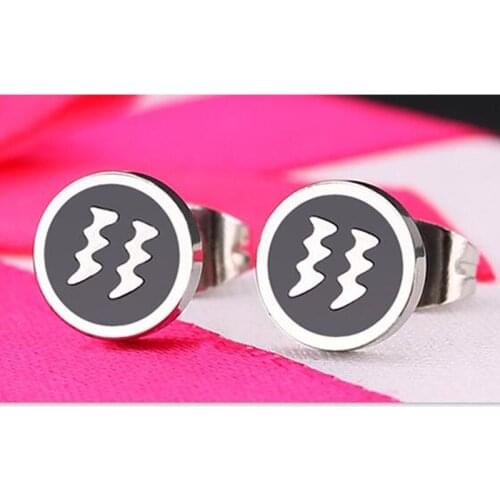 Titanium 316L Stainless Steel 8mm Stud Earrings 12 zodiac signs Oil Aquarius No Fade Allergy Free