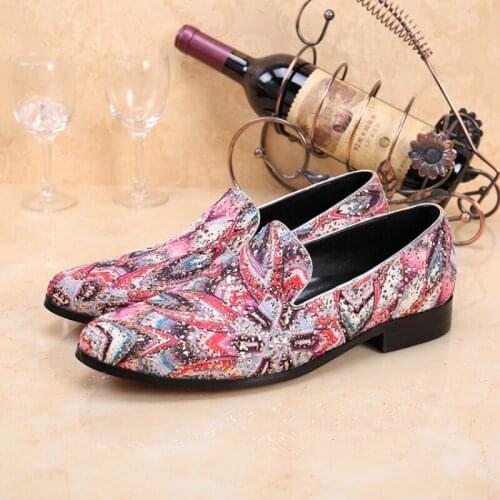 Christia Bella Handmade Fashion Large Size Man Party Slip on Shoes Mens Rhinestone Genuine Leather Shoes Male Printing Shoes