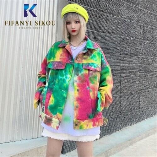 Tie dye Denim Jacket Women Streetwear Loose Long sleeve Harajuku Denim Coat Female Fashion Washed Jeans Jacket 2020 Spring New