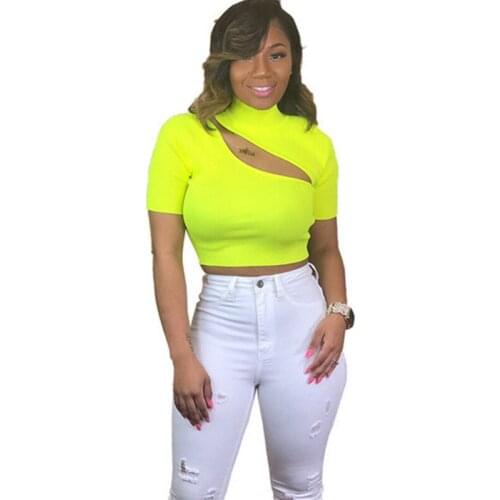 Sexy Neon Yellow Orange Turtleneck Womens Tops Sexy Hollow Out Ribbed Knitted T Shirts Ladies Streetwear Cropped Tops Plus Size