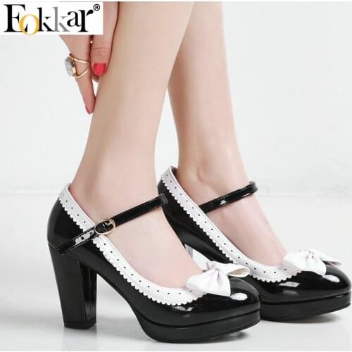 Eokkar 2019 Women Pumps Patent Leather Mary Jane Square High Heel Buckle All Match Platform Women Shoes Ladies Pumps Size 34-43