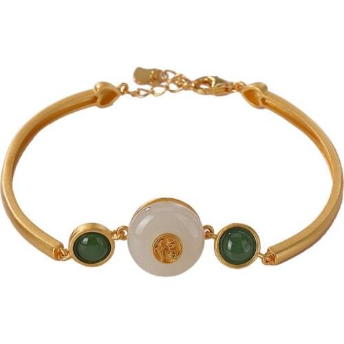 925 sterling silver gold plated Hetian jade Jasper Bracelet Retro Personality Fu character Peace buckle Female Bracelet