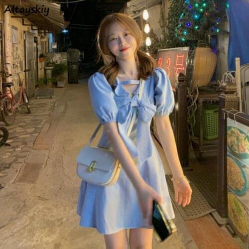 Dress Women Summer Bow V-neck Lovely A-line Slim Fashion Korean Style Short Sleeve Casual Streetwear Elegant Lady Solid Simple