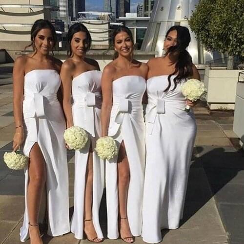 Платье 2020 Bridesmaid Dresses Strapless Sleeveless Maid of Honor Dress Vintage with Split Floor Length Prom Party Gowns