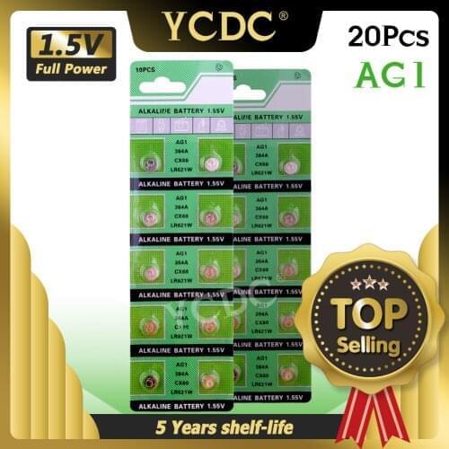 20pcs AG1 1.55V Alkaline Batteries Lr621 AG1 364 LR621 164 531 SR60 SR621SW 364a TR621SW Button Coin Cells For Watches Toys
