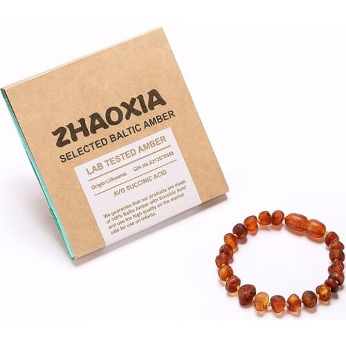 Raw Baltic Amber Teething Bracelet for Baby(Cognac Raw - Unpolished) - Handmade in Lithuania - Lab-Tested Authentic - 2 Sizes