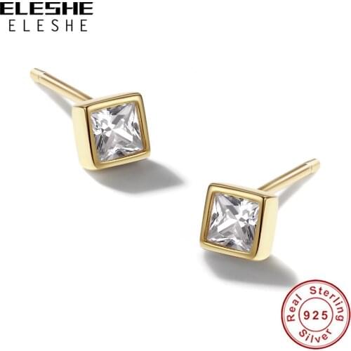 ELESHE 925 Stering Silver Earrings Square Zirconia with 18k Gold Plated Stud Earrings for Women Fashion Party Jewelry
