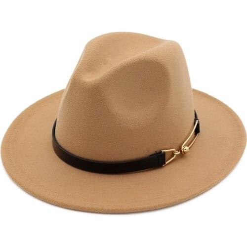 Autumn Winter women men wool felt Fedora Hats with Belt Buckle wide flat brim jazz party formal hat panama cap for unisex