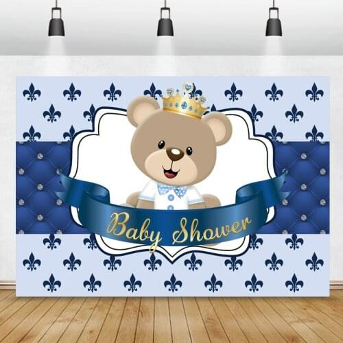 Newborn Baby Shower Backdrop Photography Blue Stripes Headborad Crown Teddy Bear Party Banner Poster Customized Photo Background