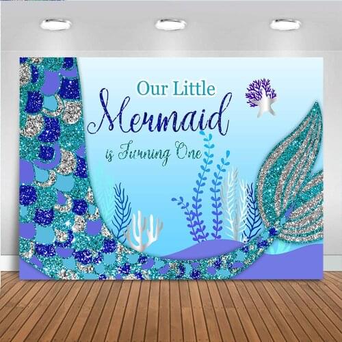 Little Mermaid Backdrop Cartoon Girls 1st Birthday Party Background Under the Sea Photography Glitter Fishtail Photo Studio