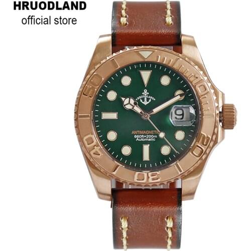 Hruodland Bronze Automatic Luxury Men Watches Sapphire Glass 200mWaterproof Leather Strap Antimagnetic Mechanical Watch for Male